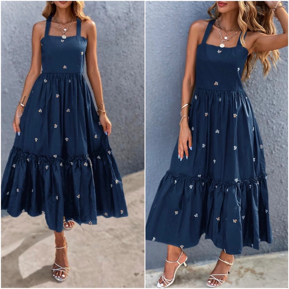 Boho Navy Blue Embroidered Floral Criss Cross Ruffle Dress - Picture 2 of 4